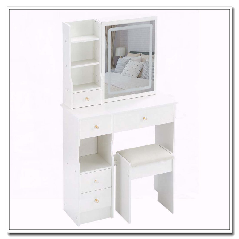Petit meuble-lavabo 29,2 po avec miroir à DEL, centrale électrique, support pour sèche-cheveux et tabouret