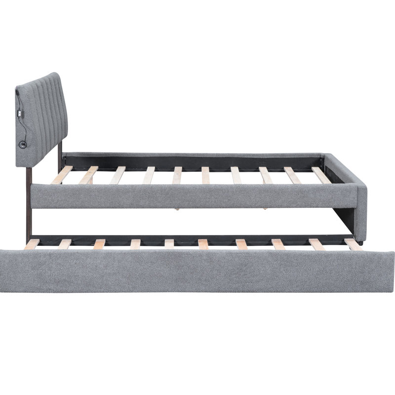 Stripe Headboard Bed With Twin Trundle And Soft Gray Fleece Touch Fabulous Upholstered Platform Size, Full 