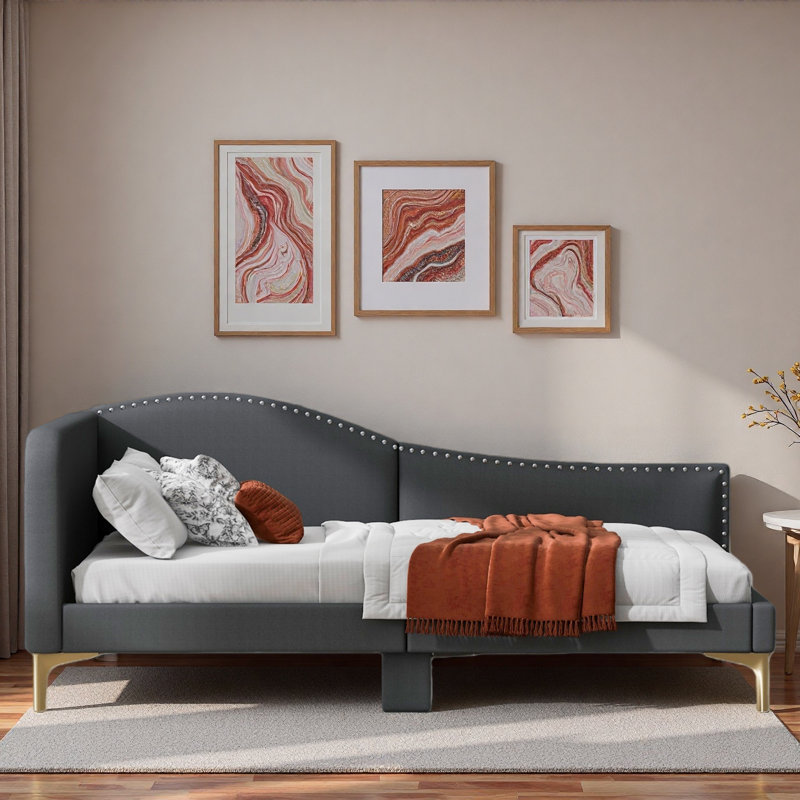 Upholstered Daybed With Headboard And Armrest, Gray, Twin