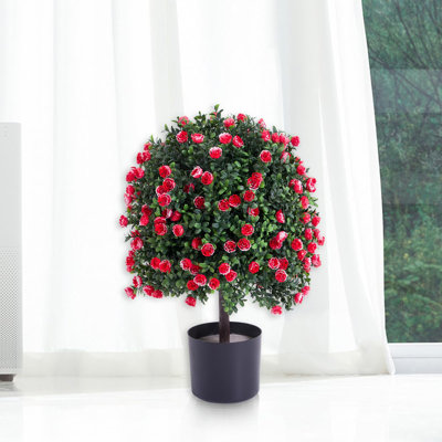 Artificial Rose Topiary Ball Tree, 21.65" Tall Faux Boxwood with UV Resistant Flowers – Indoor Outdoor Home, Porch, Garden or Front Door Decoration –