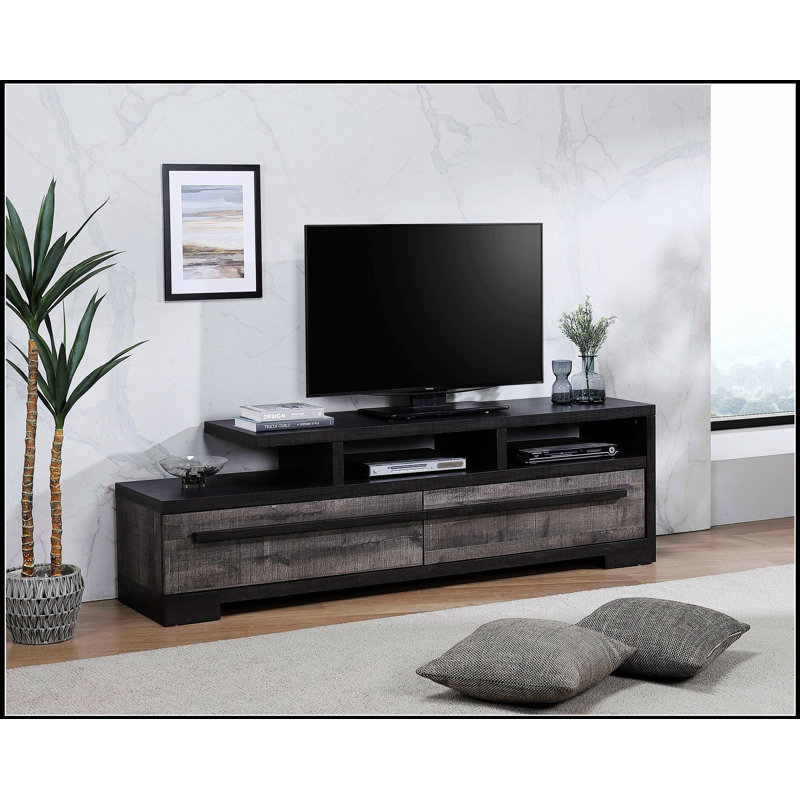 Console de divertissement moderne avec finition en bois, tablette ouverte et deux tiroirs spacieux pour la télévision et le rangement