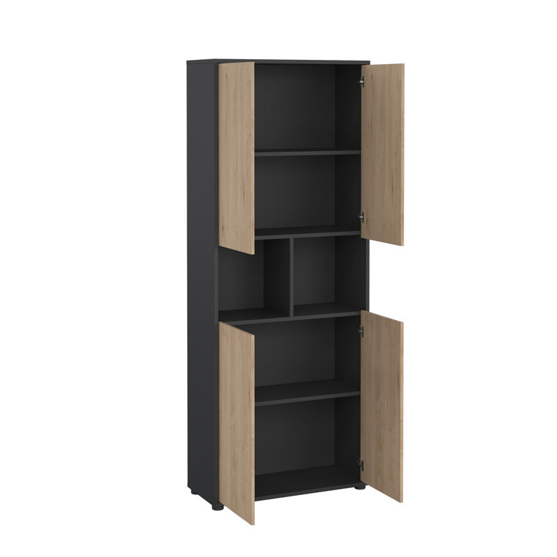 Embrie Rupertus 31.34"W x 80.59" W 6 Shelf Bookcase With 4 Doors, Home Office Storage, Natural/Matte Gray