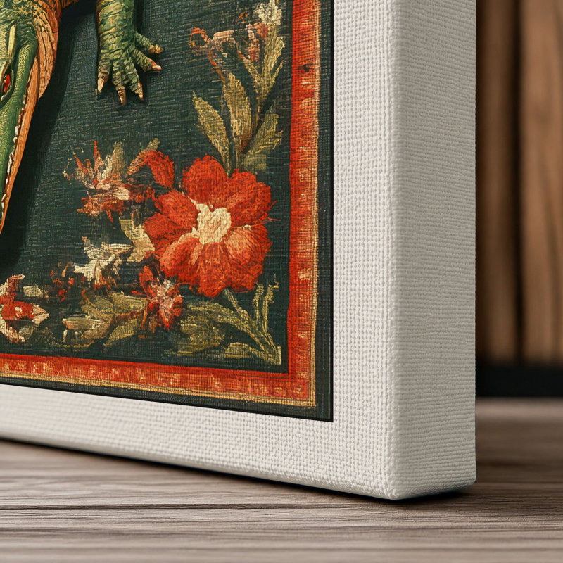 Crocodile With Florals Boho - Print, 30x20 - 76.2 x 50.8 cm, Cream Border