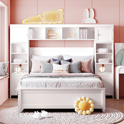 Lit double en bois massif avec une tablette et une armoire - Meuble de rangement fonctionnel en bois