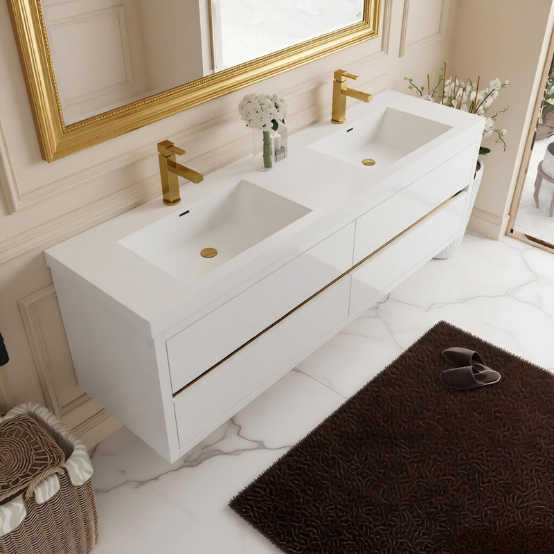Meuble-lavabo mural 72 po avec double vasque, meuble de rangement flottant pour salle de bain avec comptoir en résine de pierre et tiroirs à fermeture en douceur, blanc brillant entièrement assemblé