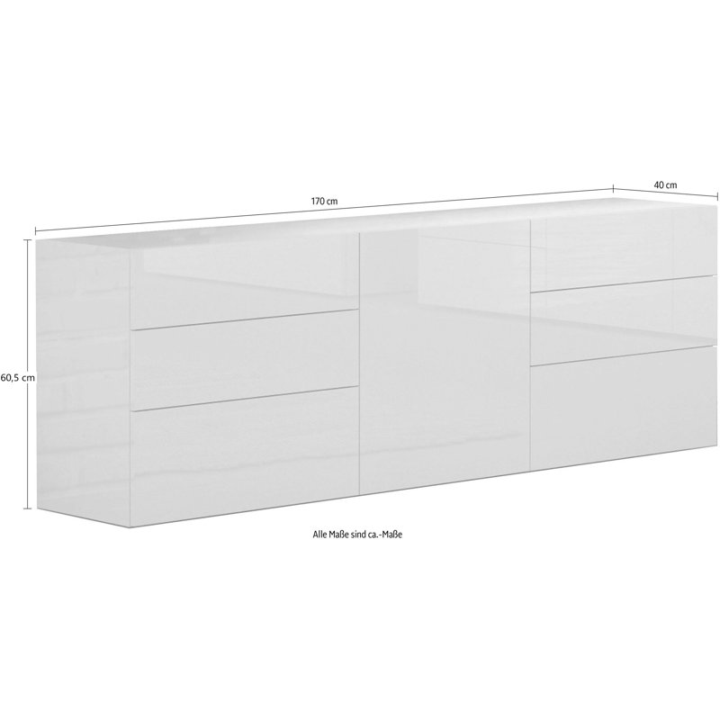 Cadiz 170 Cm Wide 6 Drawer Sideboard, Glossy Anthracite