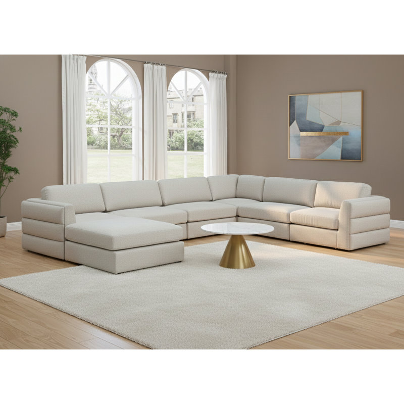 Howardine Upholstered U-Shaped Sectional with Ottoman Reversible, Beige Linen Textured Fabric