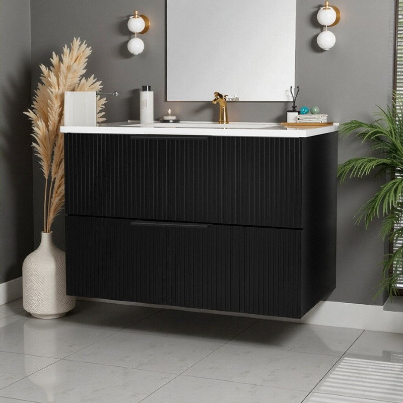 ​​36 Inch Wall-Mounted Floating Vanity with Ceramic Sink​, Black