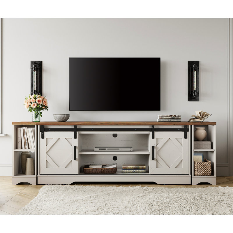 Laziza 78.6" W TV Stand for TVs up to 85" with Sliding Barn Doors and Open Storage, Cream White