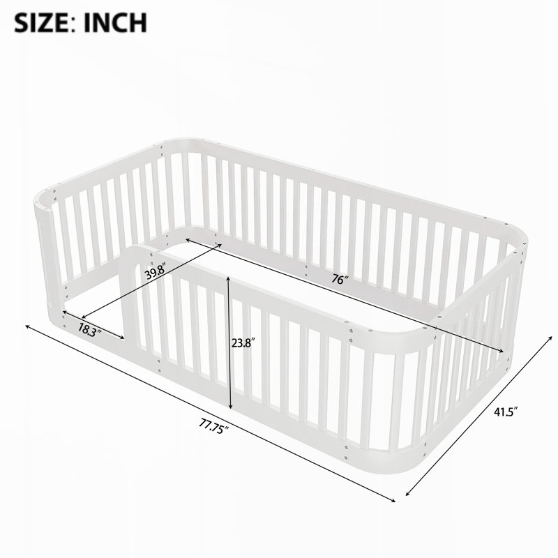 Wood Floor Bed Frame with Fence, Full, Natural