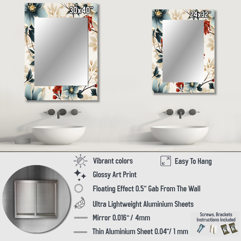 Motif floral zen asiatique rouge et blanc Arikah - miroir mural floral unique, 32 po x 24 po