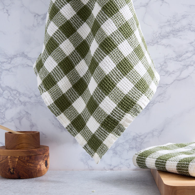 Washed Waffle Dishtowel Set/2, Olive Checker, Green