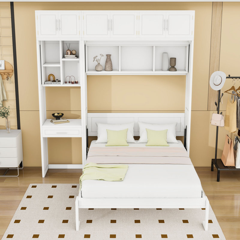 Lit escamotable avec bureau intégré et tablettes, Blanc, Grand lit