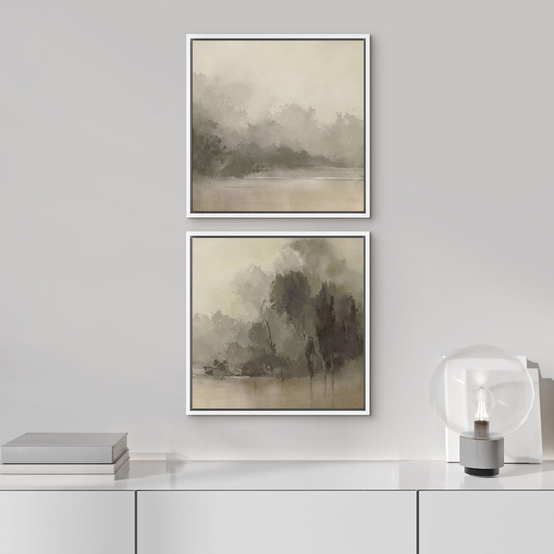 Mystic River Fog Waterfront Forest Tree Nature Landscape Art moderne, décor minimaliste, H 16" x l 16", Cadre flottant blanc