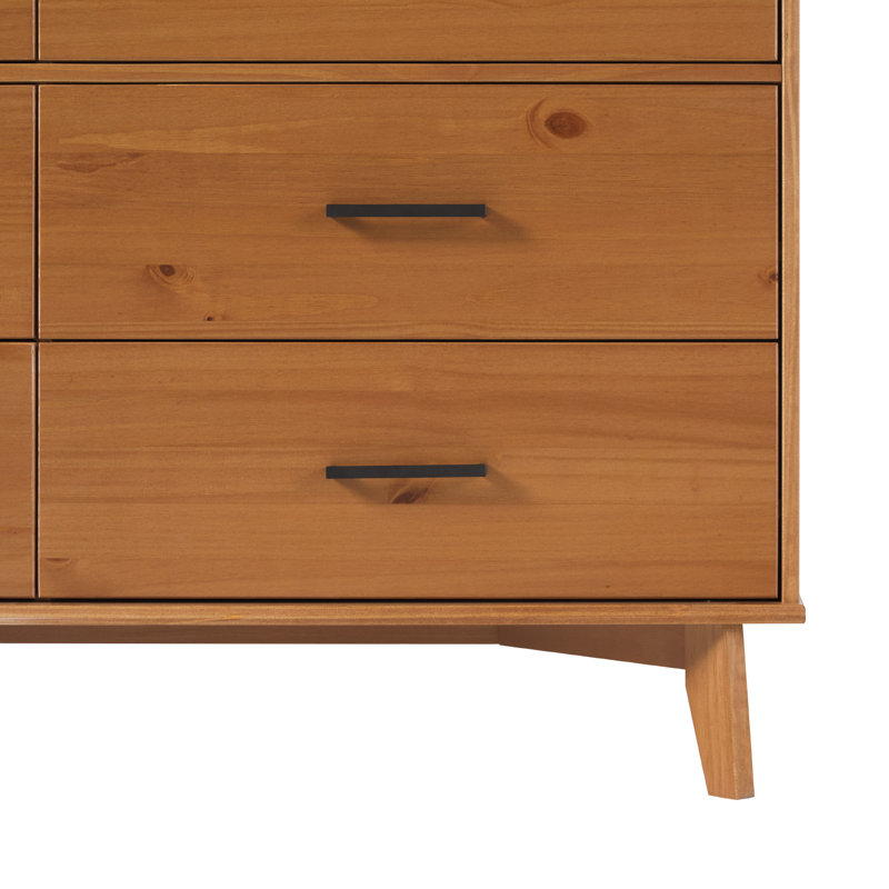 Caramel Solid Pine Wood 6-Drawer Dresser with Metal Handles