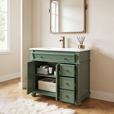 Armoire de meuble-lavabo 36 po avec colonne romaine, lavabo de style campagnard, poignées en métal, rangement autoportant