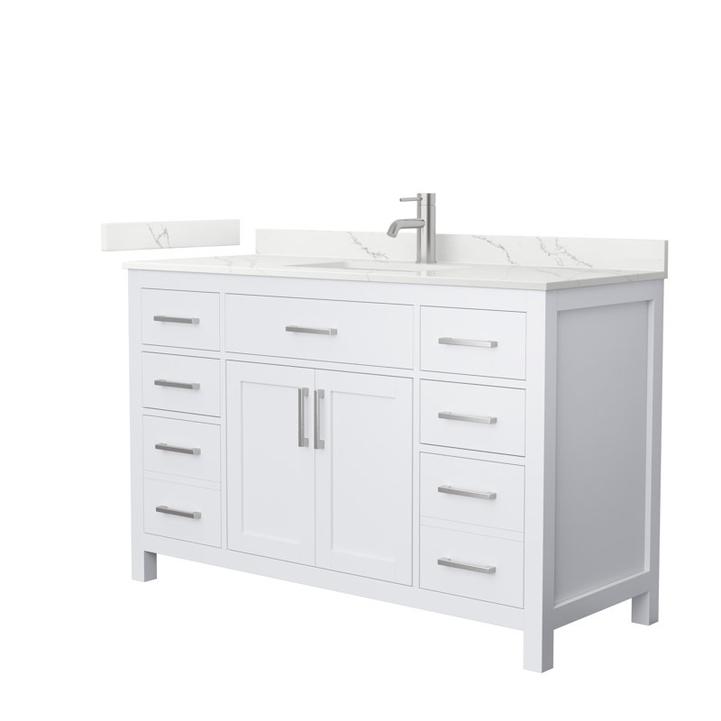 Meuble-lavabo simple autoportant 54 po avec plateau en quartz Beckett, Blanc, Nickel brossé, Quartz Giotto