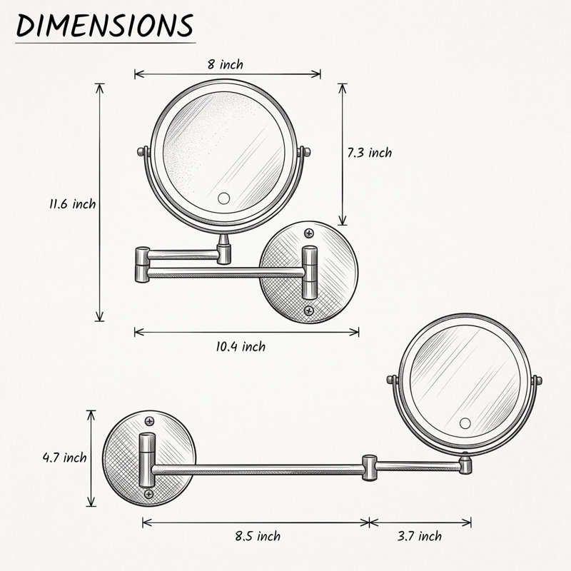 Miroir de salle de bain mural moderne à DEL 8 po avec grossissement 10 fois, Chrome chrome