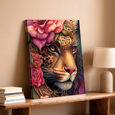 Portrait de léopard, impression sur toile florale rose