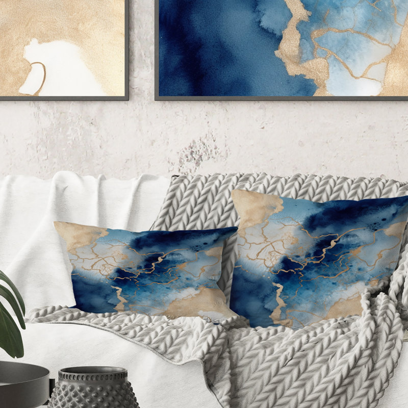 Blue And Gold Marble Clouds VIII - Fractals Printed Throw Pillow