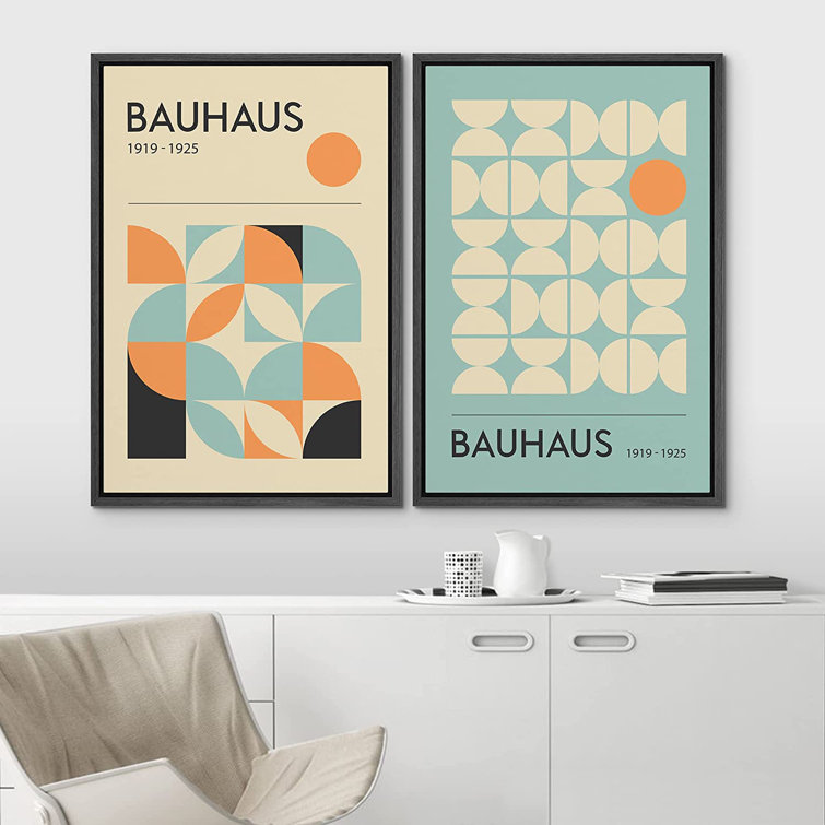 Bauhaus Geometric Teal Polygon Collage Abstract Mid Century Modern Wall Art franed Canvas Print IDEA4WALL Size: 36 H x 48 W x 1.5 D, Frame Color: B