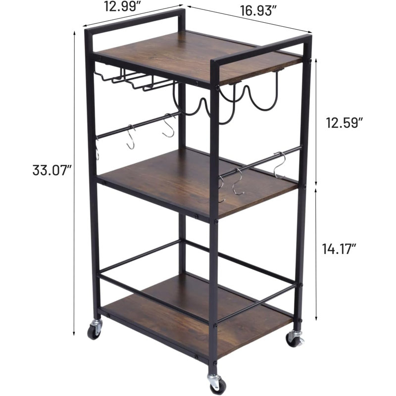 3-Tier Kitchen Microwave Stand With Wheels, 6 Hooks, And Rustic Metal Frame For Compact Spaces, Multi-Purpose Storage Cart