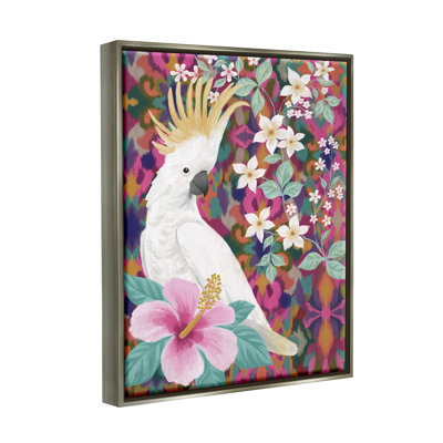 Cockatoo with Floral Hibiscus Framed Floater Canvas Wall Art by Cat Thurman Designs