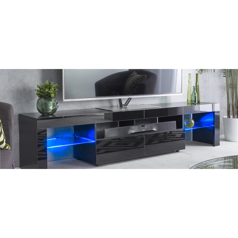 TV Stand by Chancey Glossy 200cm Wide Cabinet with Lights for up to 88" TV's, Black