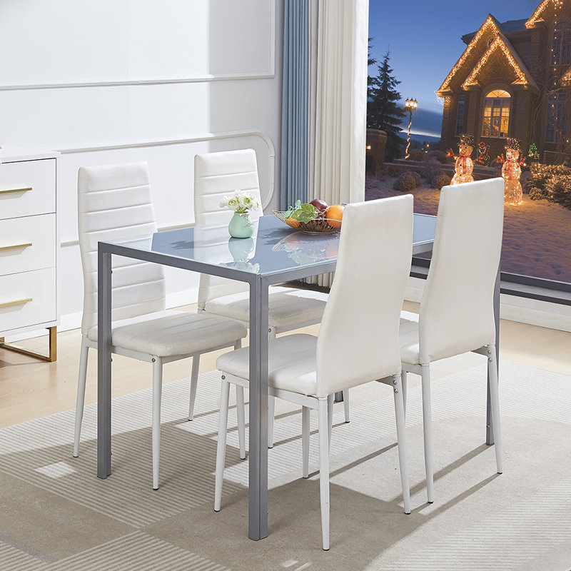 4 -Person Tempered Glass Dining Set, Grey, White