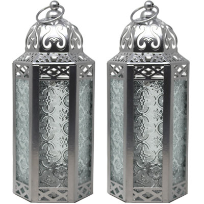 Lampe de bougie marocaine de style lanterne marocaine pour la table ou la pendaison, les décorations du Ramadan, les mariages, la décoration intérieure, le patio extérieur ou le porche (ensemble de 2)