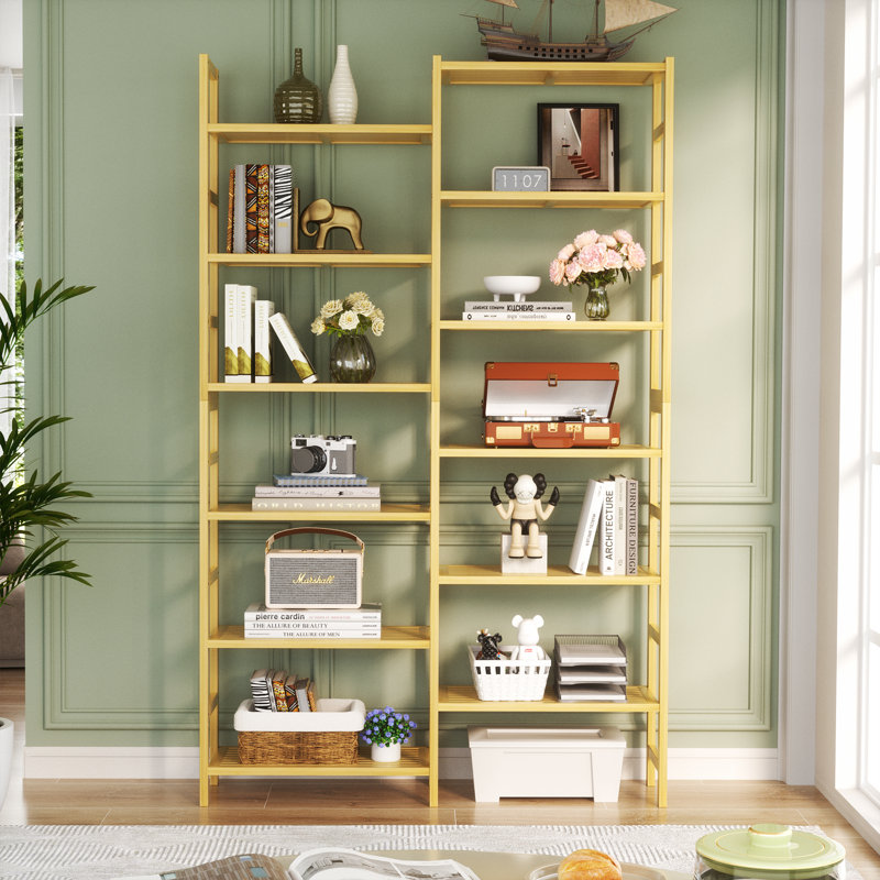 Bamboo Bookcase, 6-Tier Large Open Bookshelf  With Display Shelves, Natural, (12 Shelves) 72.44"H x 41.14"W x 10.63"D
