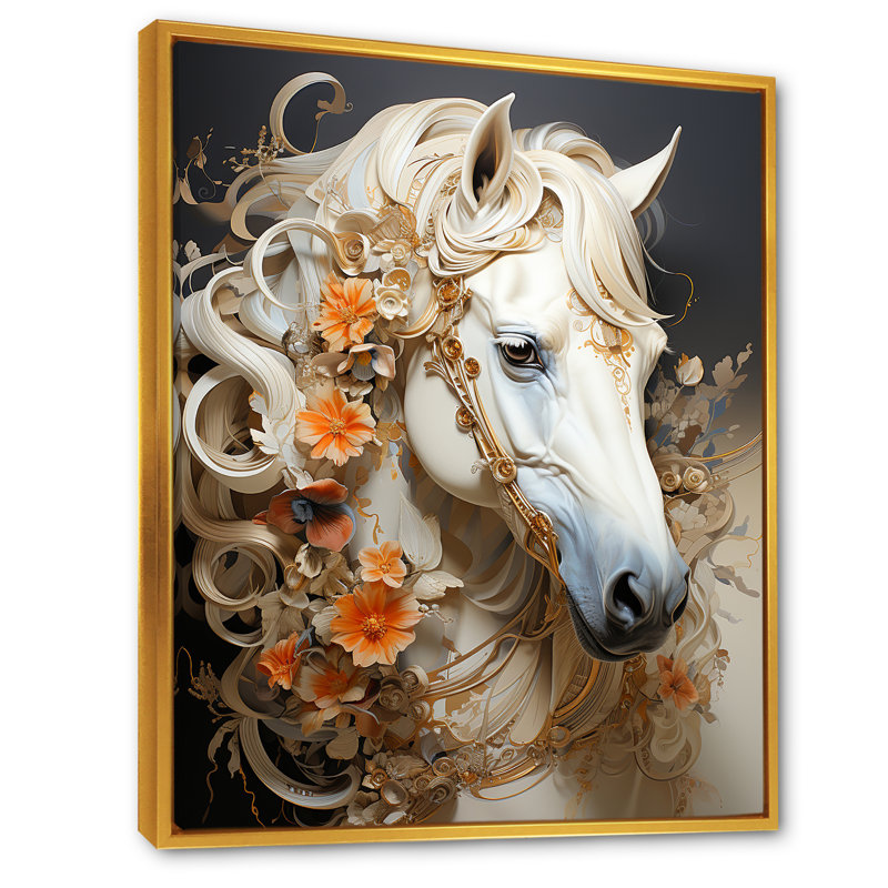 Motif floral doré féminin - reproduction sur toile, Cadre flottant doré, H 44 po x l 34 po x P 1,5 po