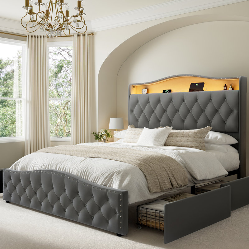 Upholstered Full Bed Frame with 4 Storage Drawers and 52.5" Tall Headboard,  Platform Bed with Charging Station & LED Light, No Spring Box Needed