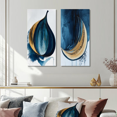 «White and Blue Folk Fruit Abstract I», ensemble de 2 reproductions d'art abstrait