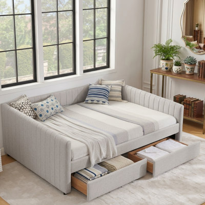 Channel Tufted Linen Queen Daybed with 2 Storage Drawers Modern Upholstered Sofa Bed For Small Apartments Home Guest Room