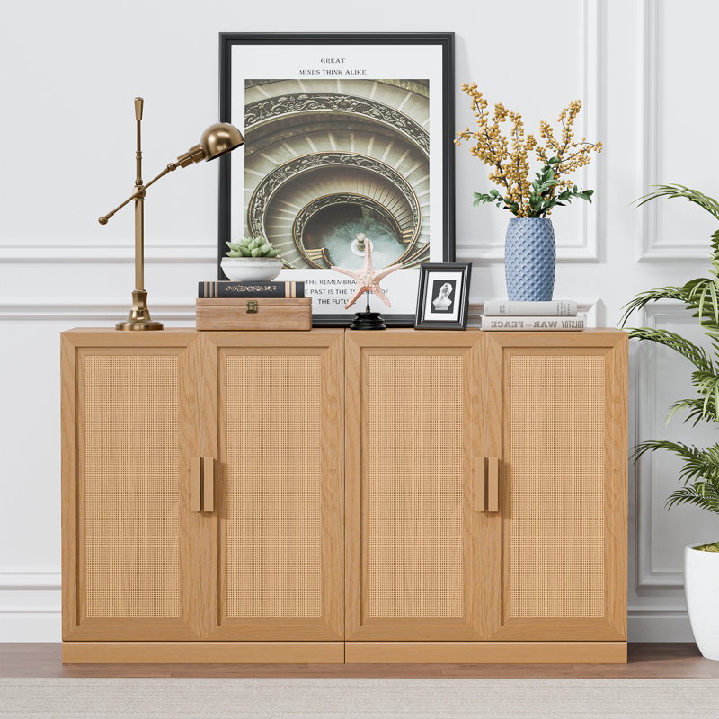 Caleb 62" Wide Solid Wood Sideboard  With 4 Rattan Doors, Natural