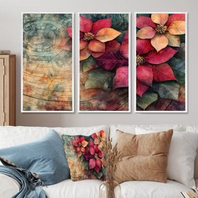 Fleurs de poinsettias rouges sur une glissade en bois IV - art mural poinsettias - ensemble de 3
