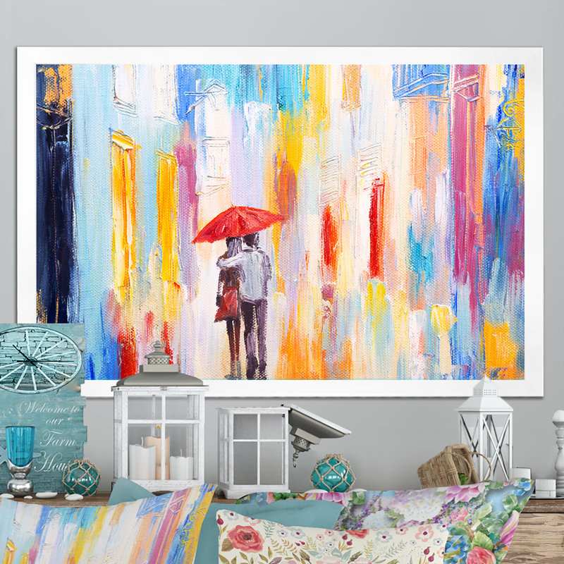 Couple amoureux sous la pluie - reproduction d'art sur toile, H 24 po x l 36 po x P 1 po, Toile blanche avec cadre photo