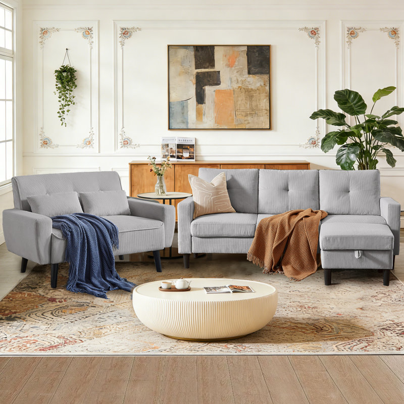 Ensemble de salon en velours côtelé 3 pièces Sukrit, Gris clair