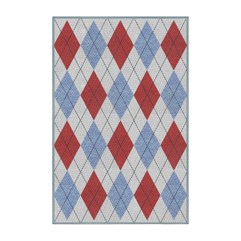 Tapis rouge / bleu / gris clair tissé à la machine, Rectangle 5 pi x 7 pi