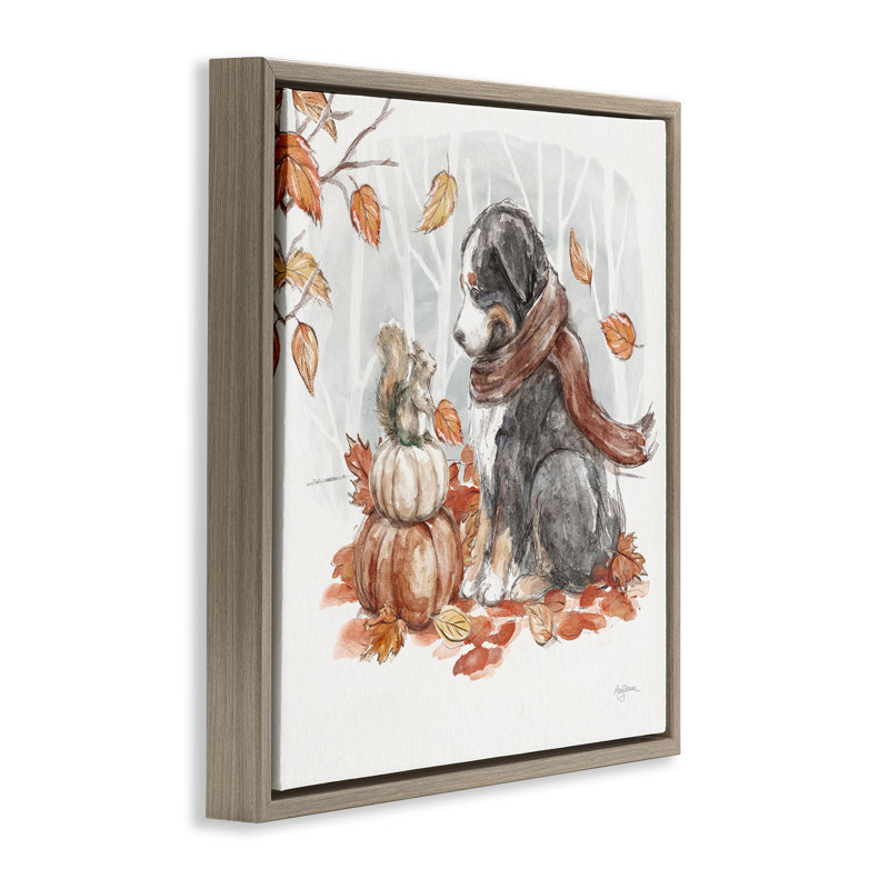 "Dog & Fall Pumpkins", art mural par Mary Urban, Cadre flottant orme Montalcino, H 18 po x l 18 po