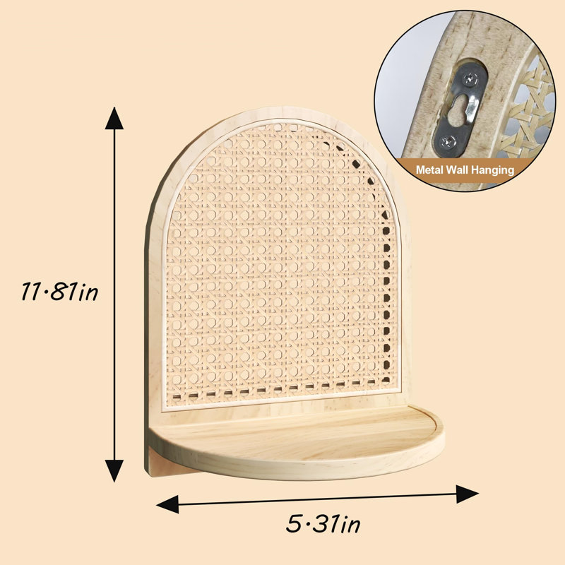 2 Pack Wooden Small Wall Shelf, 7''Natural Rattan Shelf with Wicker Decor