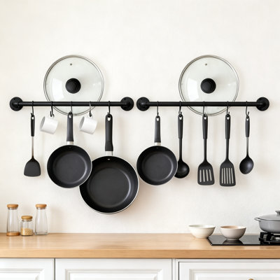 Ensemble de 2 barres murales de 53 cm (21 pouces) pour tuyaux, casseroles, poêles et ustensiles, 10 crochets en S, noir