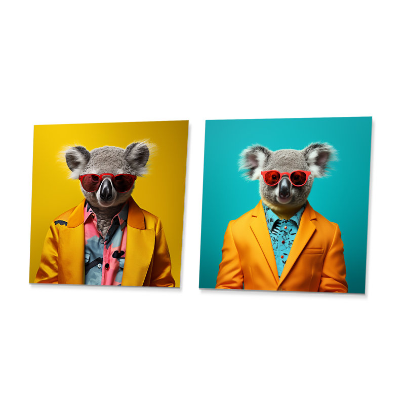 Jaune en costume Koala I - ensemble de 2 décorations murales en métal Koala, H 29 po x l 58 po