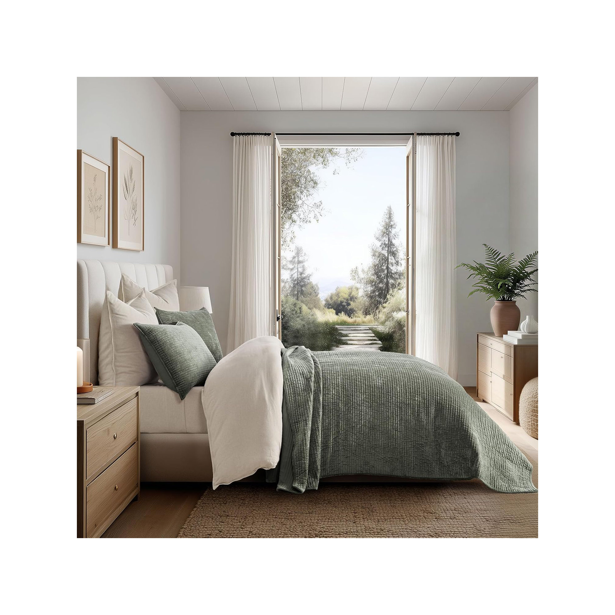 Striped Channel Velvet Quilt Set, King, Dried Thyme