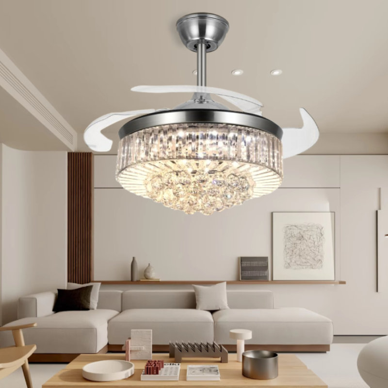 Silver Crystal Ceiling Fan With Light - 3 Colour Changing Dimmable Led, Remote Control