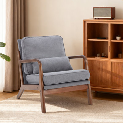 Upholstered Linen Blend Accent Chair with Wooden Legs and Lumbar Pillow