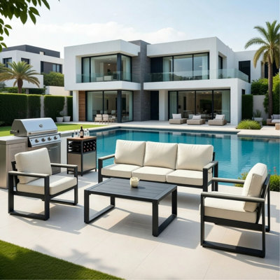 All-Weather 4-Piece  Aluminum Patio Furniture Set, 5-Seat Conversation Sofa With 10 Inches Extra Thick Back Cushions And Glass Table