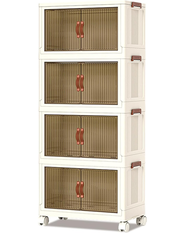 Plastic Stackable Storage Bins, 4 Pack 72QT Folding Storage Boxes with Doors and Wheels Closet Organizers and Storage Open Front Home Containers Boxes for Bedroom Dorm