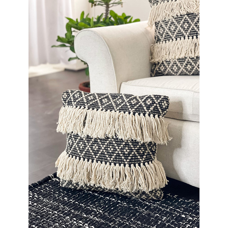 Black and Ivory Cotton Diamond Fringe Throw Pillow Covers, Set of 2